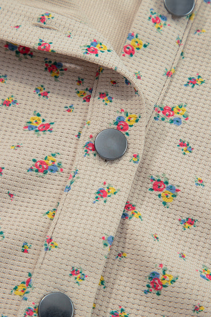 Mist Green Boho Floral Plaid Patchwork Distressed Detail Ruffled Sleeve Waffle Knit Shacket