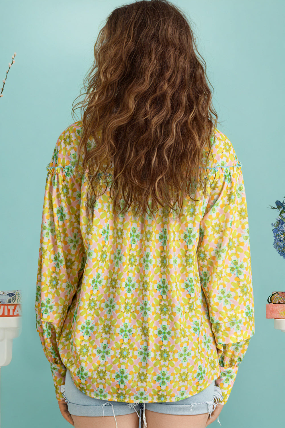 Green Boho Floral Print Frilly Detail Puff Sleeve Shirt