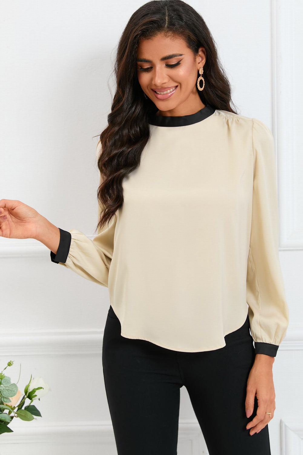 Color Block Bow Back Mock Neck Blouse - L & M Kee, LLC