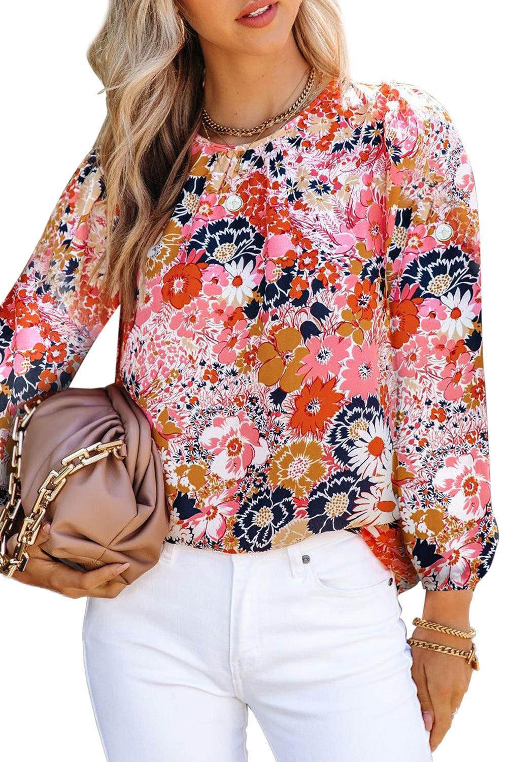 Red Floral Crewneck Long Sleeve Blouse - L & M Kee, LLC