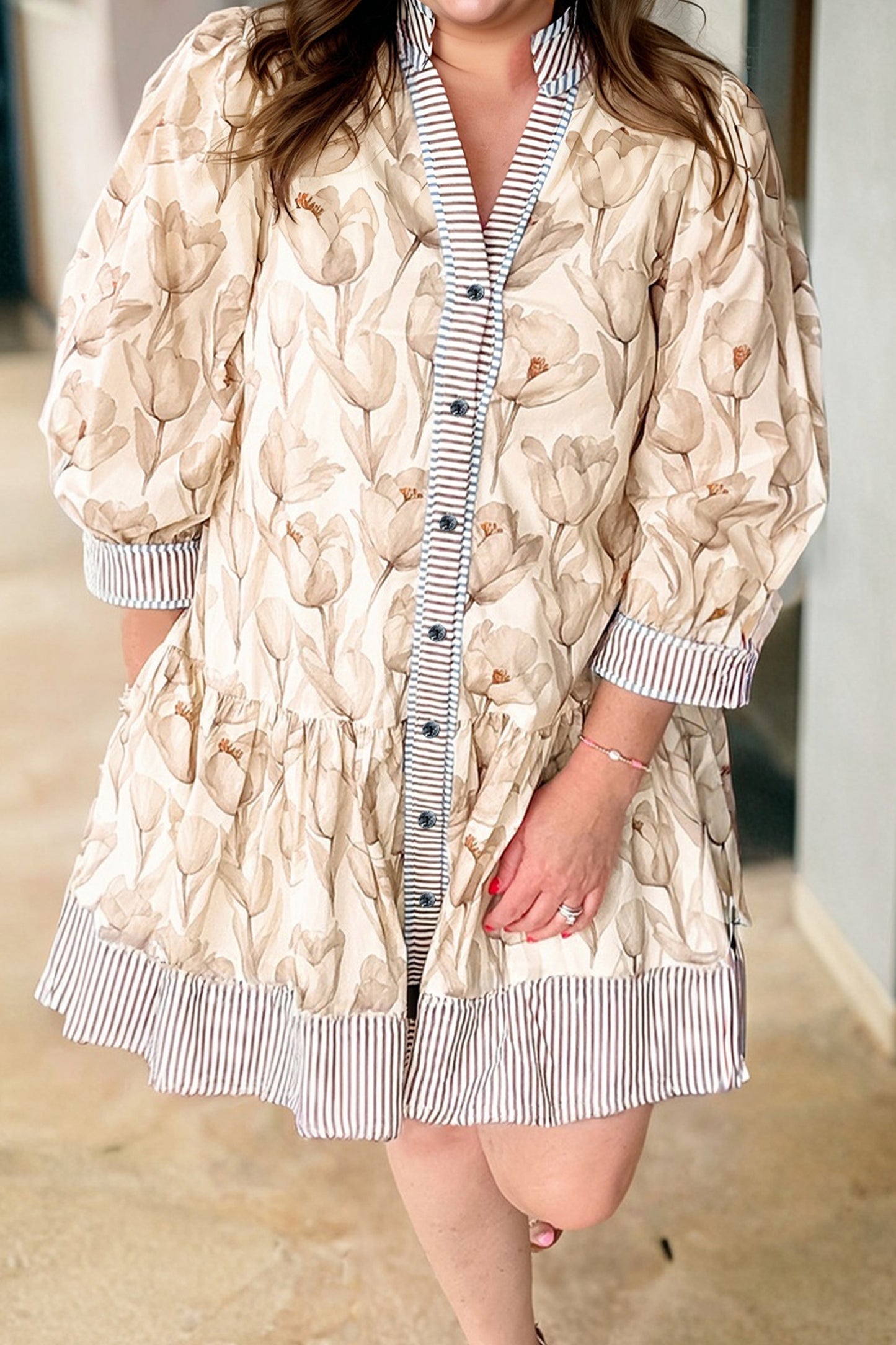 Khaki Plus Size Floral Print Striped Trim Patchwork Button Down A-line Dress