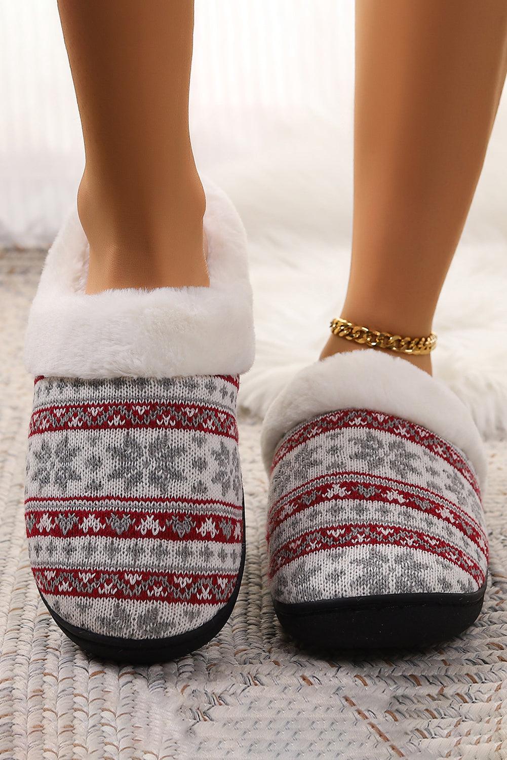 White Snowflake Pattern Knitted Plush Home Slippers - L & M Kee, LLC