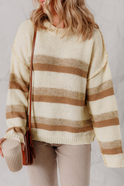 Khaki Stripe Exposed Seam Drop Shoulder Knit Baggy Sweater