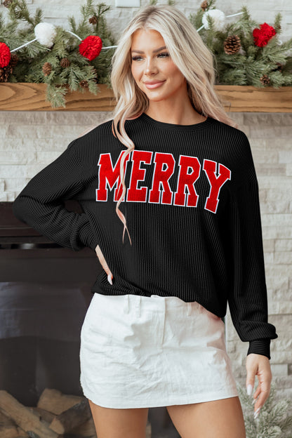 Racing Red Twisted Rib Outlined Merry Letter Graphic Loose Long Sleeve Top