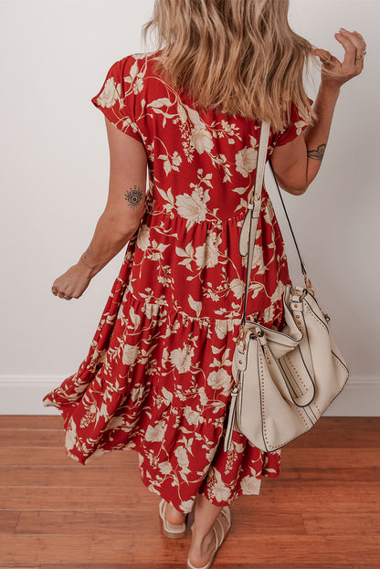 Red Floral Print Buttoned Front V Neck Tiered Short Sleeve Midi Dress