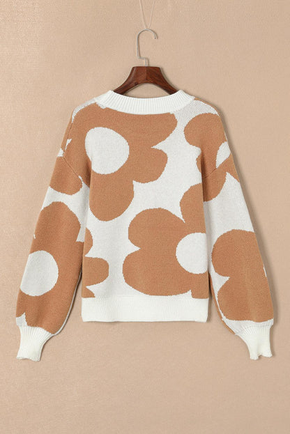 Khaki Big Flower Pattern Drop Shoulder Sweater - L & M Kee, LLC