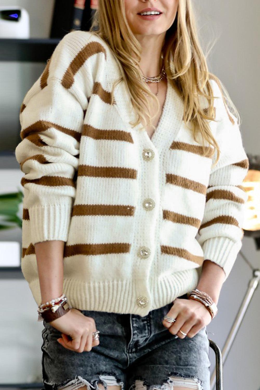 White Striped Knit V Neck Sweater Cardigan - L & M Kee, LLC