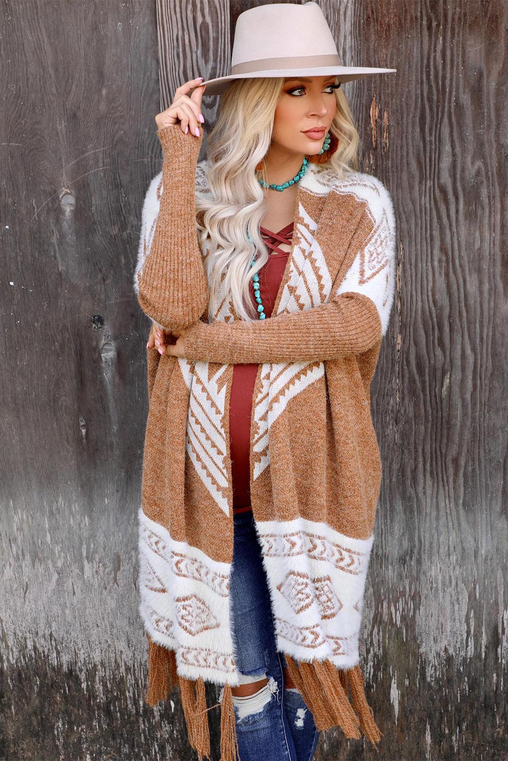 Western Furry Knit Tassel Hem Cardigan - L & M Kee, LLC