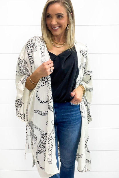 White Cheetah Print Loose Fit Open Front Kimono - L & M Kee, LLC