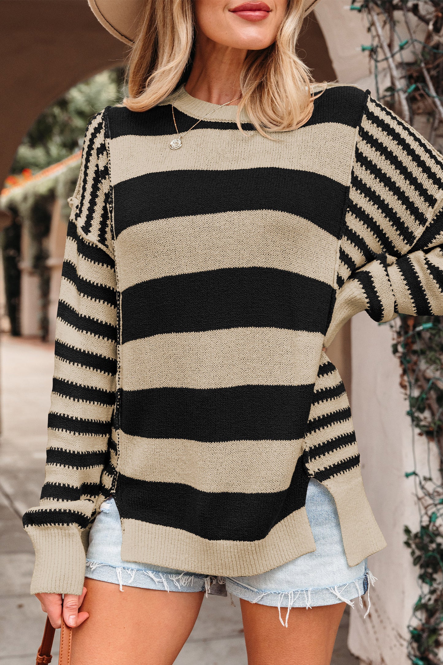 Brown Stripe Drop Shoulder Sleeve Patchwork Baggy Sweater