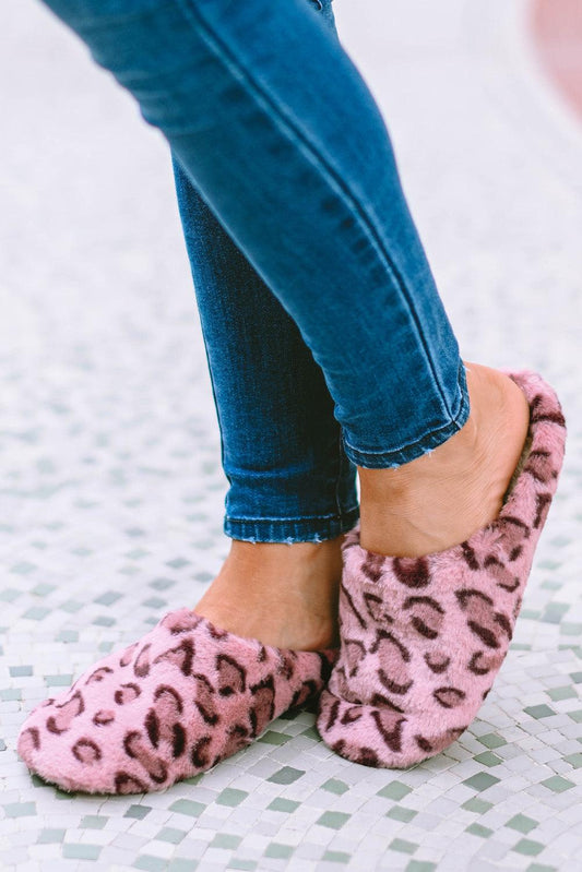 Dark Pink Leopard Print Fuzzy Home Slippers - L & M Kee, LLC