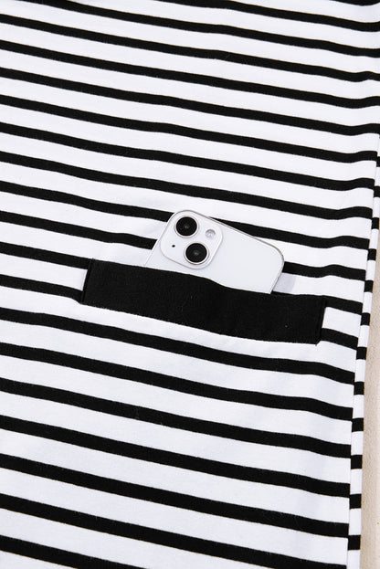 White Stripe Buttoned Front Collared Long Sleeve T Shirt Dress with Pockets