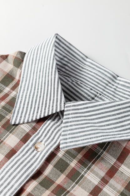 Brown Plaid Print Striped Patchwork Single Chest Pocket Buttoned Shirt