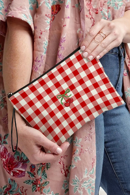 Fiery Red Cherry Plaid Print Wristlet Zipper Canvas Makeup Bag