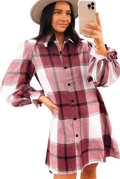 Khaki Plaid Pattern Collared Neck Ruffled Sleeve Shirt Dress - L & M Kee, LLC