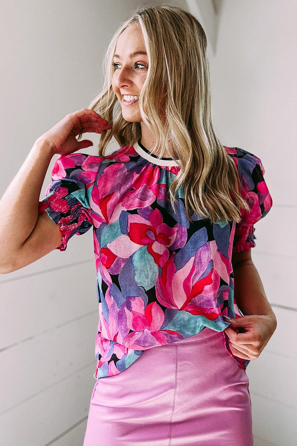 Floral Print Shirred Puff Sleeve Blouse