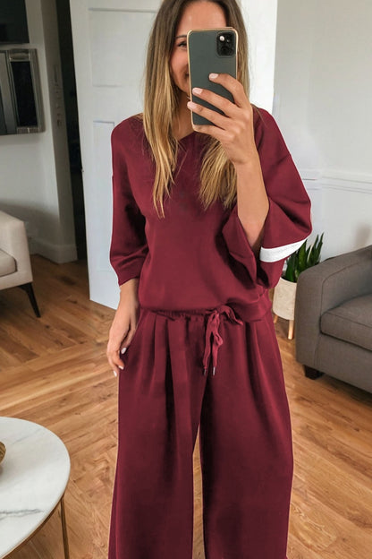 Burgundy Varsity Striped 3/4 Sleeve Pullover Drawstring Sweatpants Set