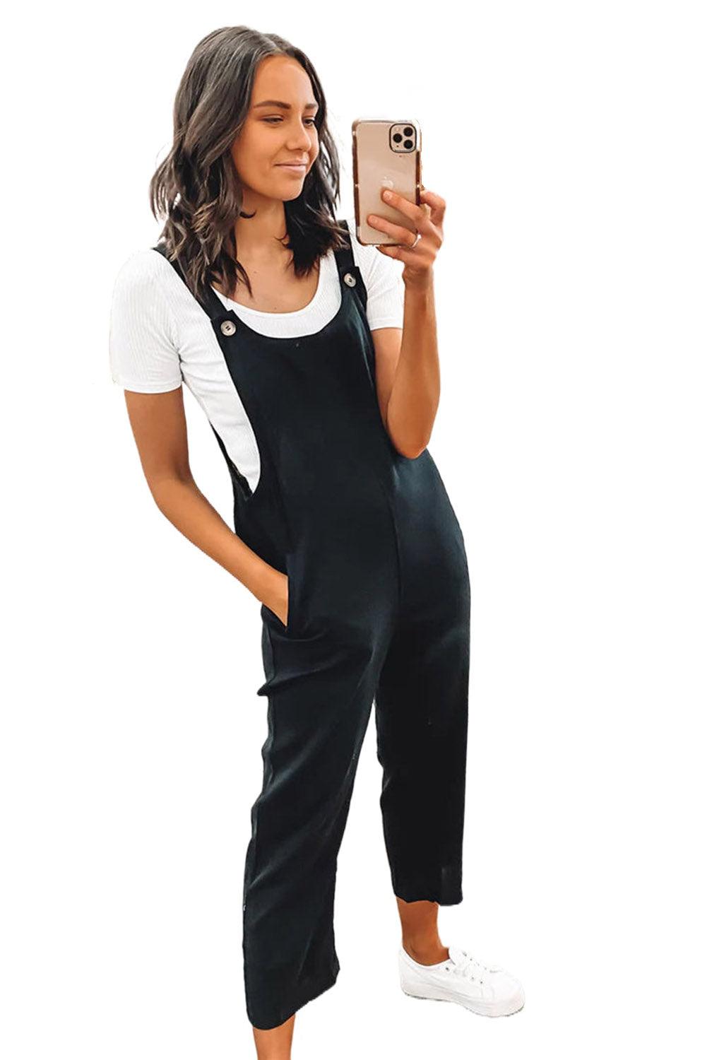 Button Straps Pocketed Cropped Jumpsuit - L & M Kee, LLC