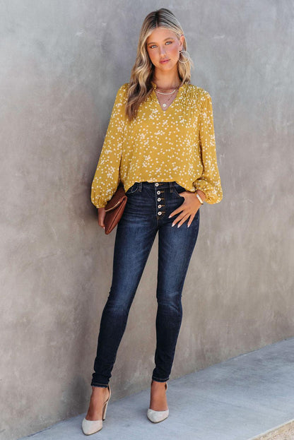 Split Neck Fall Printed Crinkled Blouse - L & M Kee, LLC