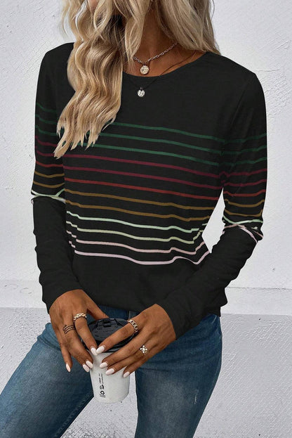 Black Multicolor Striped Crew Neck Long Sleeve Top - L & M Kee, LLC