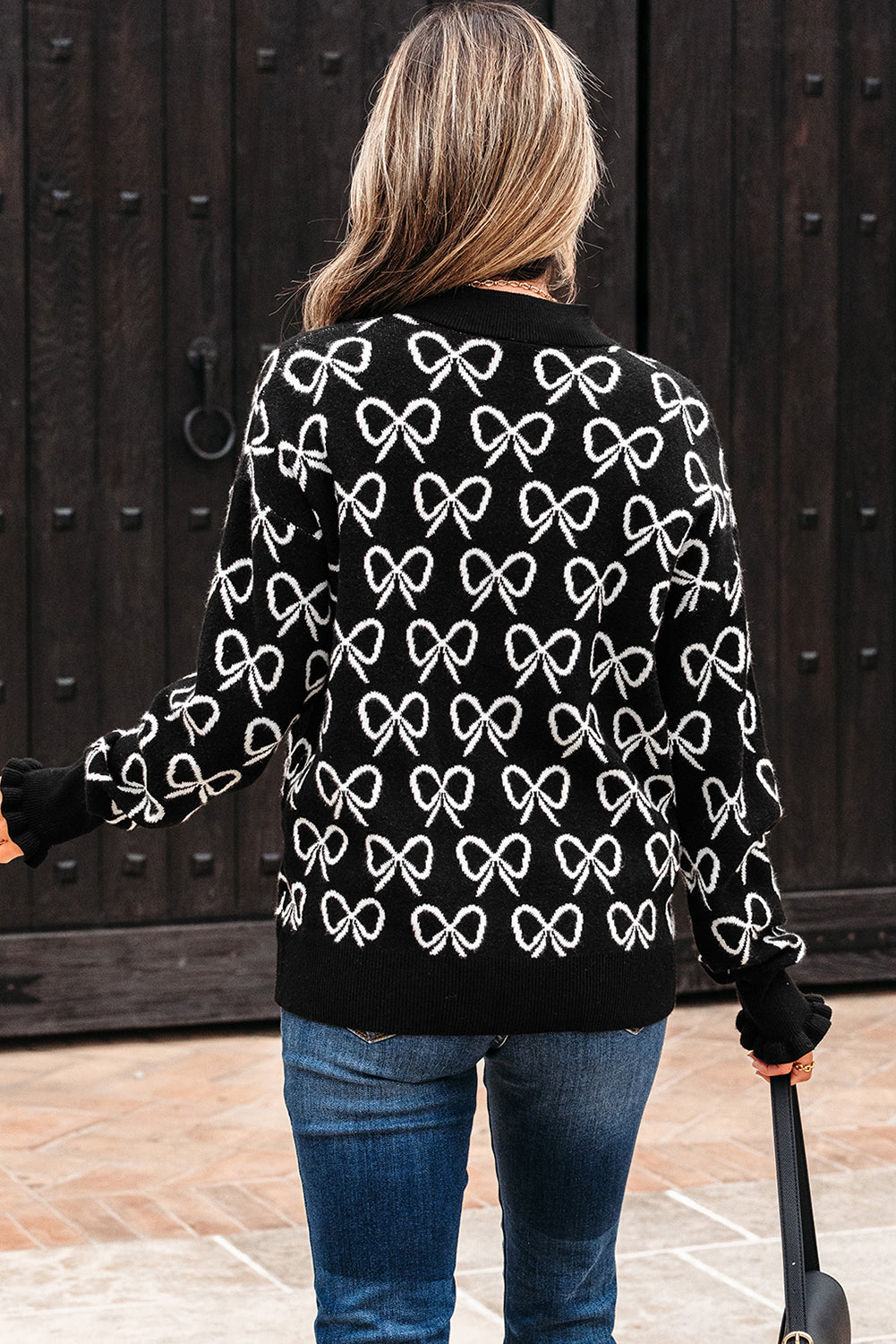 Black Cute Bow Pattern Drop Shoulder Zipped Collar Sweater