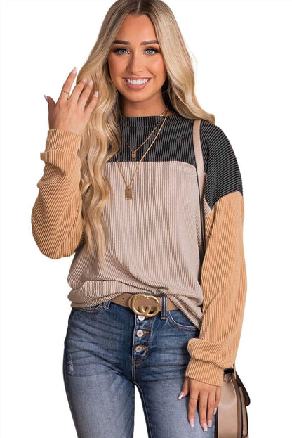 Black Color Block Long Sleeve Ribbed Loose Top - L & M Kee, LLC