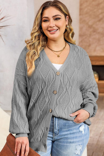 Apricot Plus Size Knitted Hollow out Button up Cardigan - L & M Kee, LLC