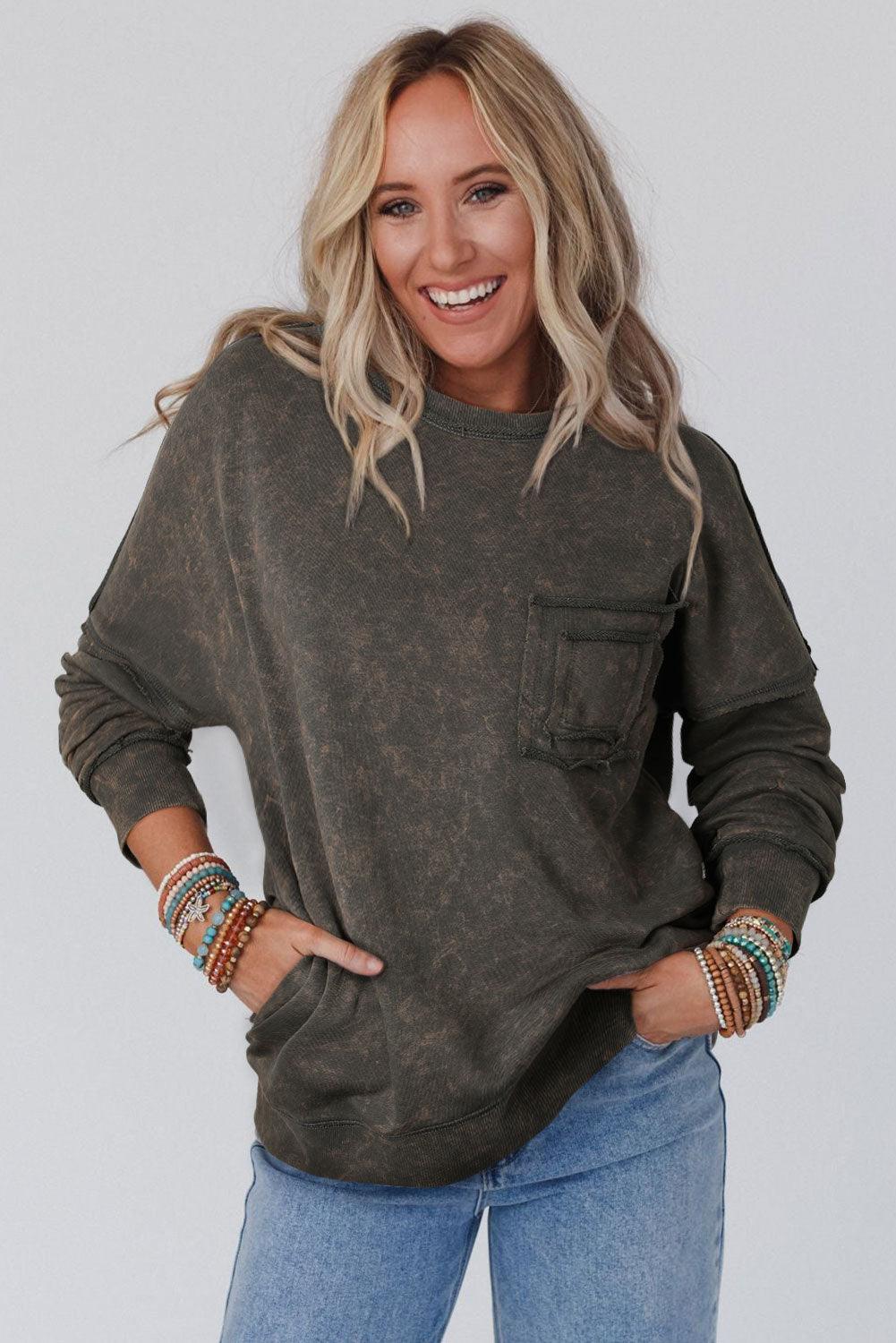 Gray Acid Wash Drop Shoulder Long Sleeve Sweatshirt with Pockets - L & M Kee, LLC