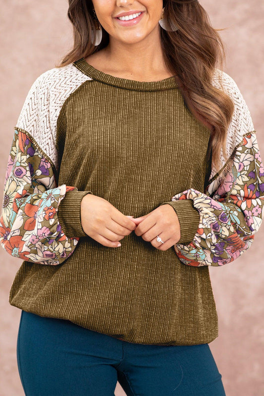 Brown Floral Patchwork Puff Sleeve Textured Blouse - L & M Kee, LLC