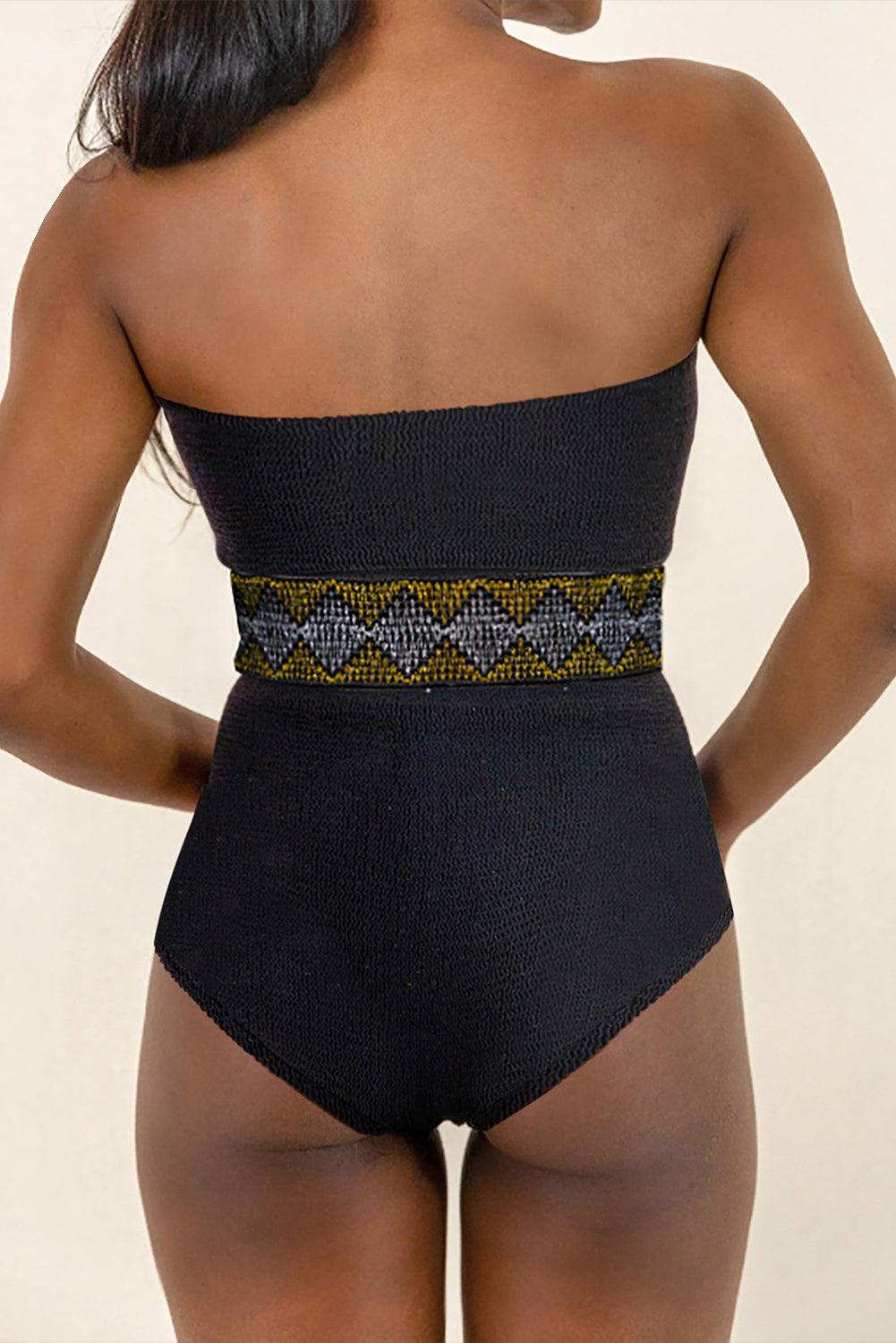 Black Geometric Trim High Waist Strapless One Piece Swimsuit - L & M Kee, LLC