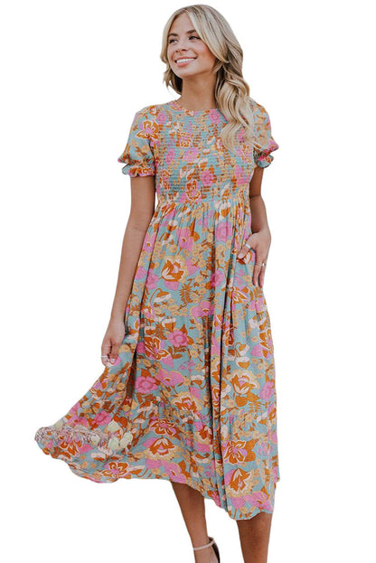 Boho Wide Sleeve Smocked Waist Floral Dress - L & M Kee, LLC