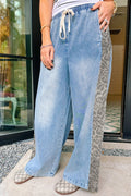 Beau Blue Drawstring Elastic Waist Leopard Striped Side Panel Wide Leg Jeans