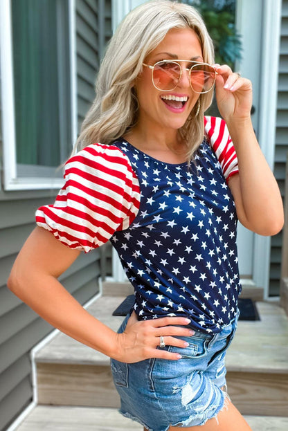 Navy Blue 4th Of July Stars Stripes Puff Sleeve T Shirt - L & M Kee, LLC