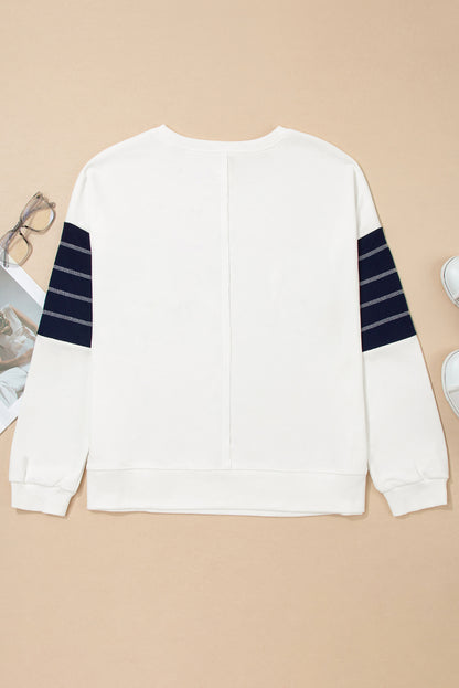 White Exposed Seam Detail Color Block Patch Pocket Drop Shoulder Sweatshirt