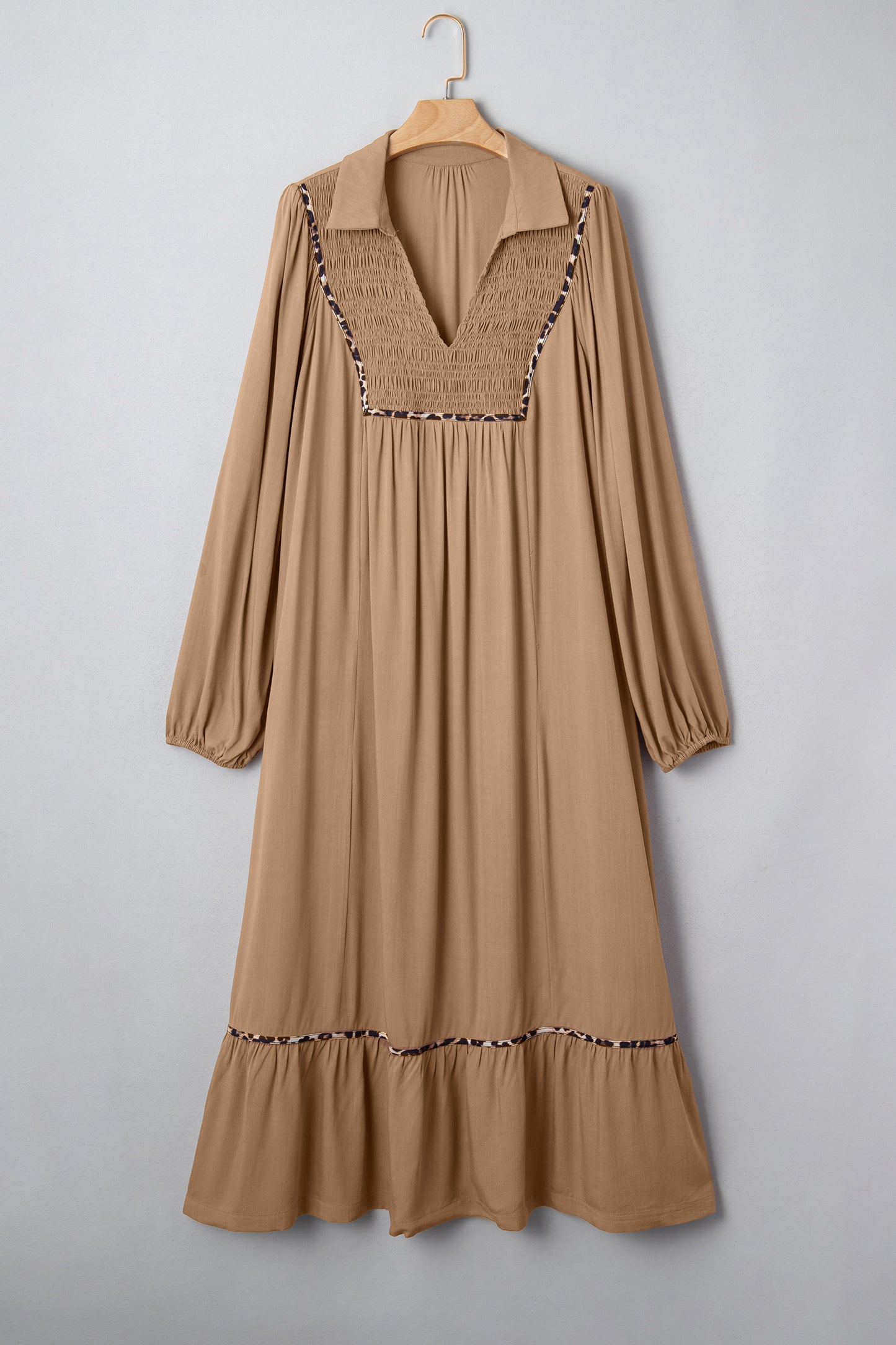 Chestnut Smocked V Neckline Leopard Piping Accent Bracelet Plus Size Long Dress