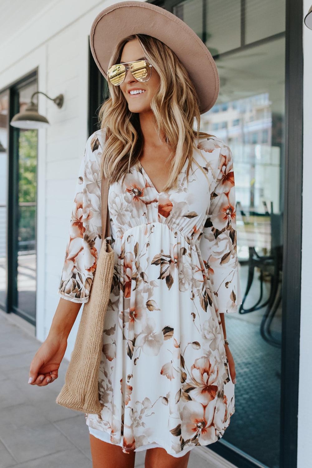 V Neck 3/4 Sleeve Floral Dress - L & M Kee, LLC