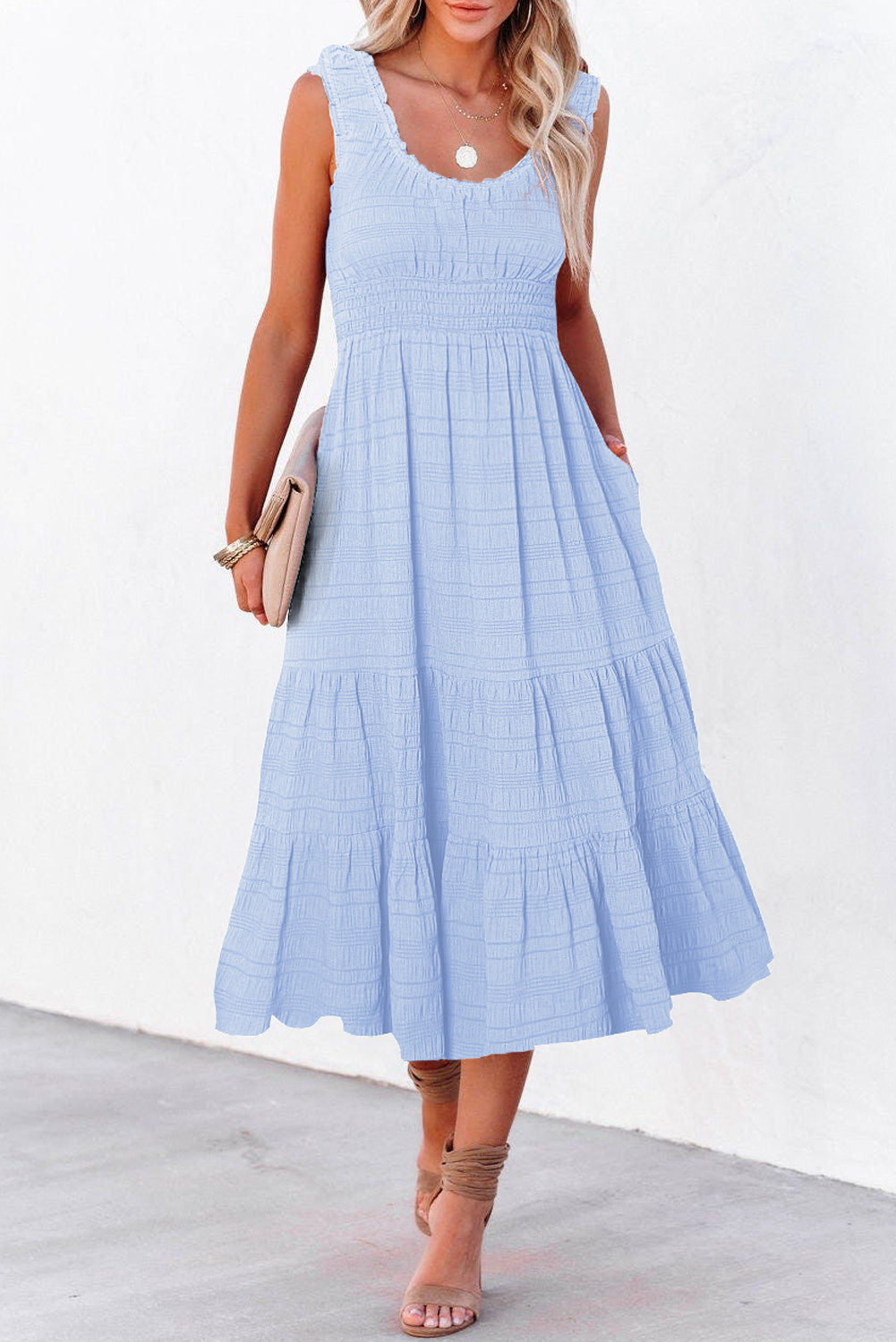 Apricot Shirred Pleated Square Neck Sleeveless Midi Dress