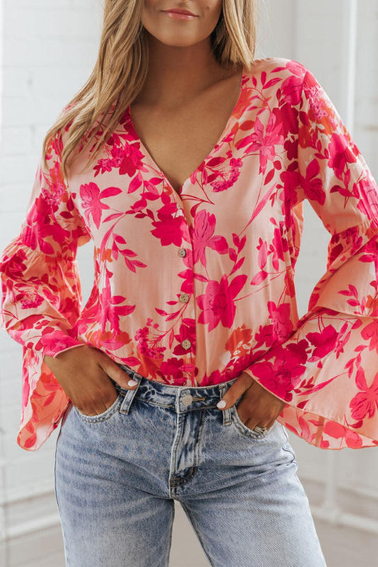 Pink Floral Print Tiered Bell Long Sleeve Buttoned Bodysuit - L & M Kee, LLC