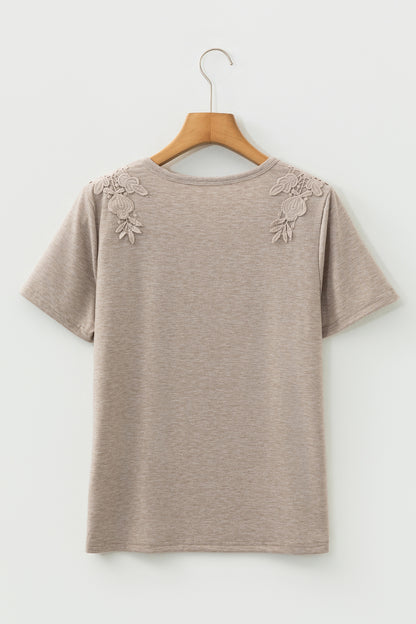 Smoke Gray Solid Color Lace Patched Detail Round Neck Tee
