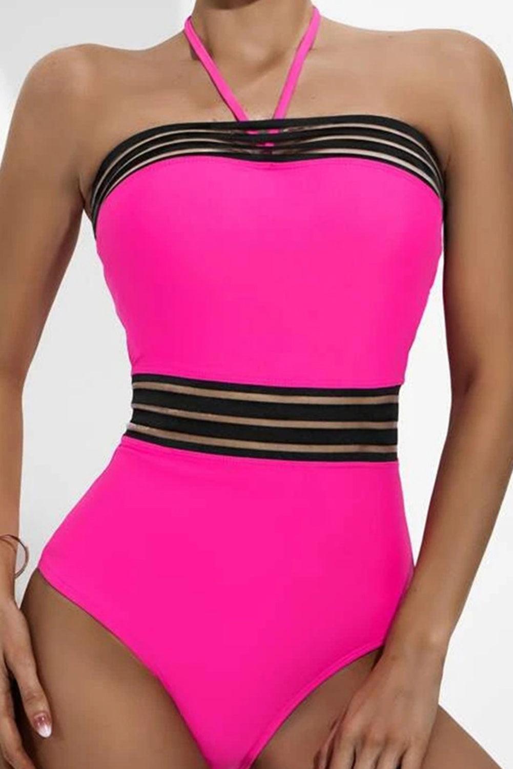 Rose Red Mesh Striped Trim Halter Neck One Piece Swimsuit - L & M Kee, LLC