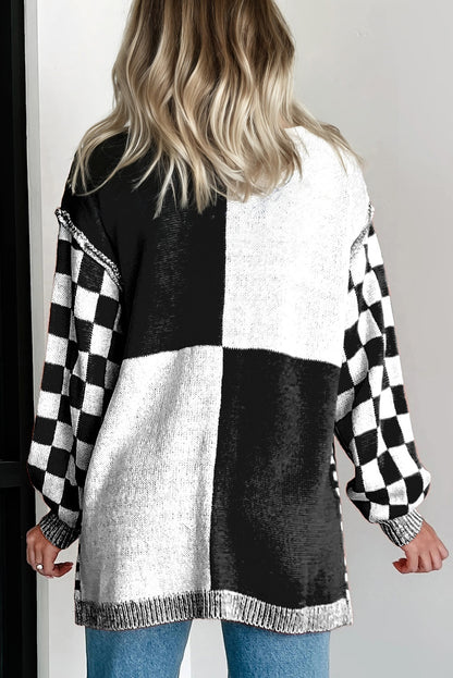 Black Checkered Bubble Sleeve Drop Shoulder Open Cardigan