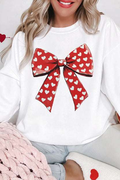 White Heart Bow Printed Round Neck Valentines Pullover Sweatshirt