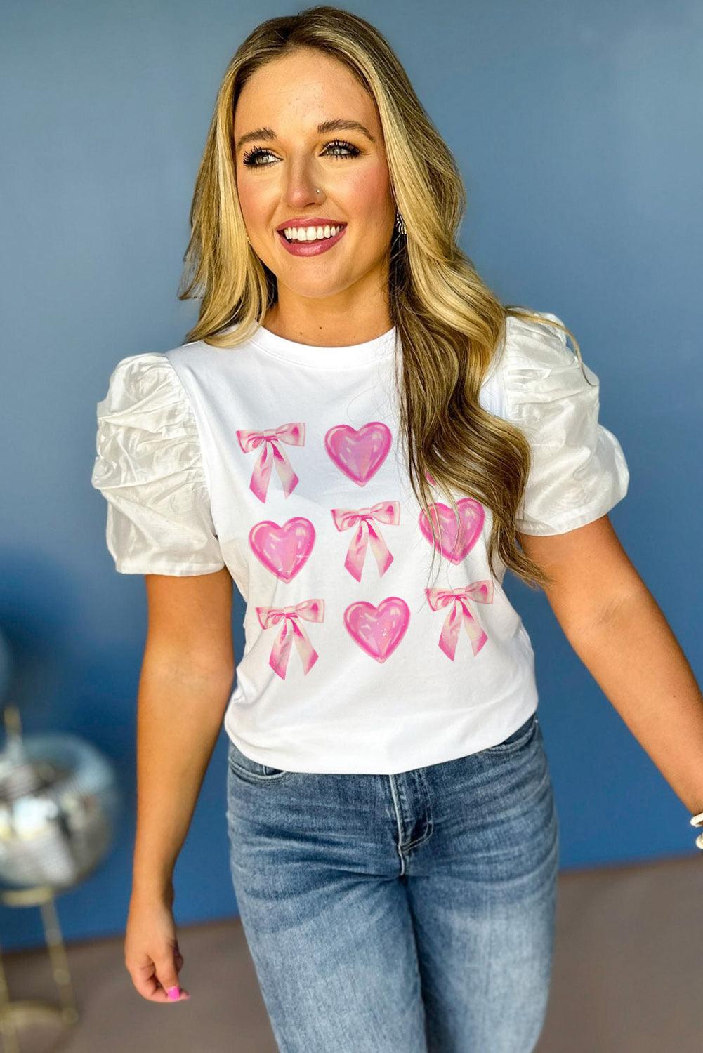 White Heart and Bowknot Graphic Contrast Bubble Sleeve Tee - L & M Kee, LLC