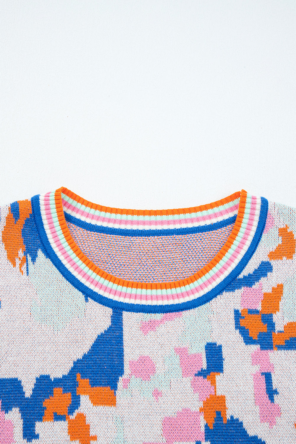 Apricot Abstract Pattern Knit Contrast Striped Trim Short Sleeve Sweater