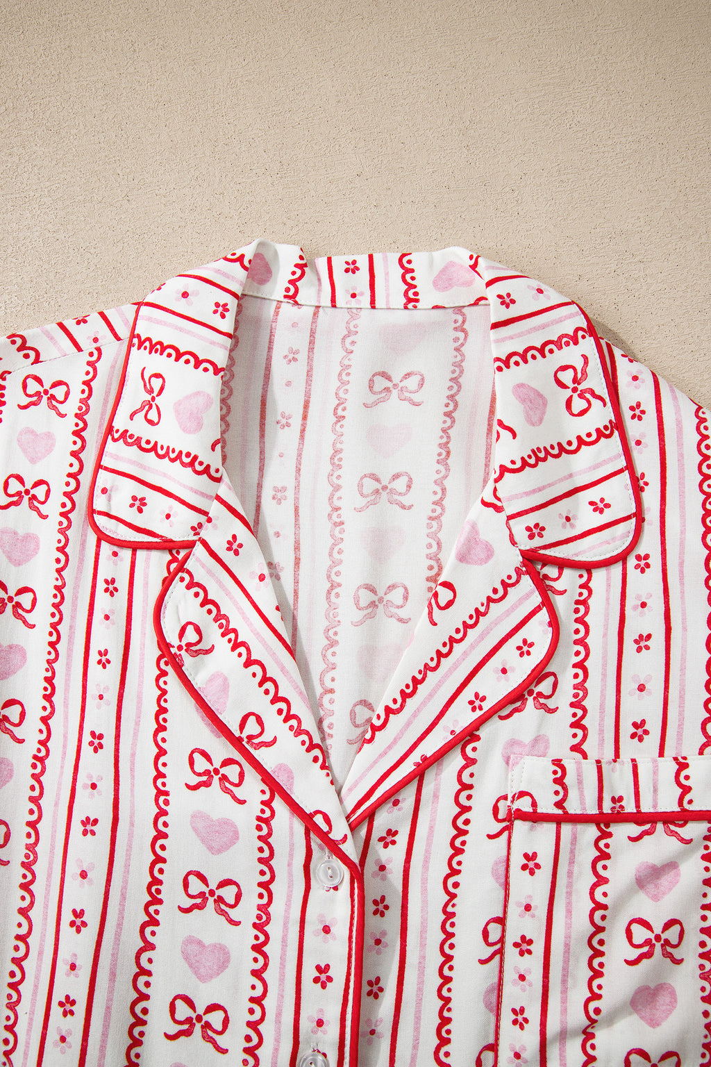 Red Cute Bow Heart Print Ribbon Decor Short 2pcs Pajama Set