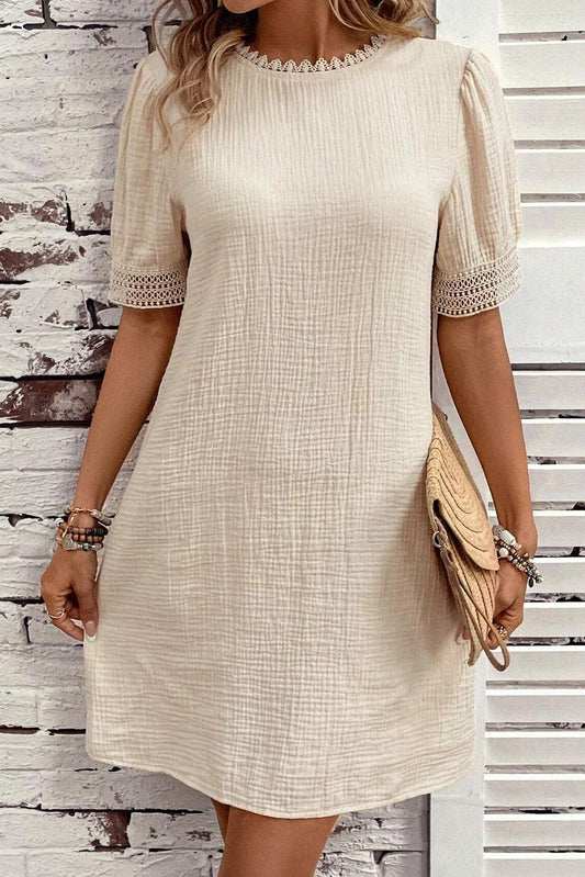 Beige Crinkle Lace Trim Puff Sleeve Shift Mini Dress - L & M Kee, LLC