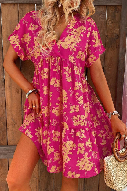 Rose Floral Print Batwing Sleeve Smock Dress - L & M Kee, LLC