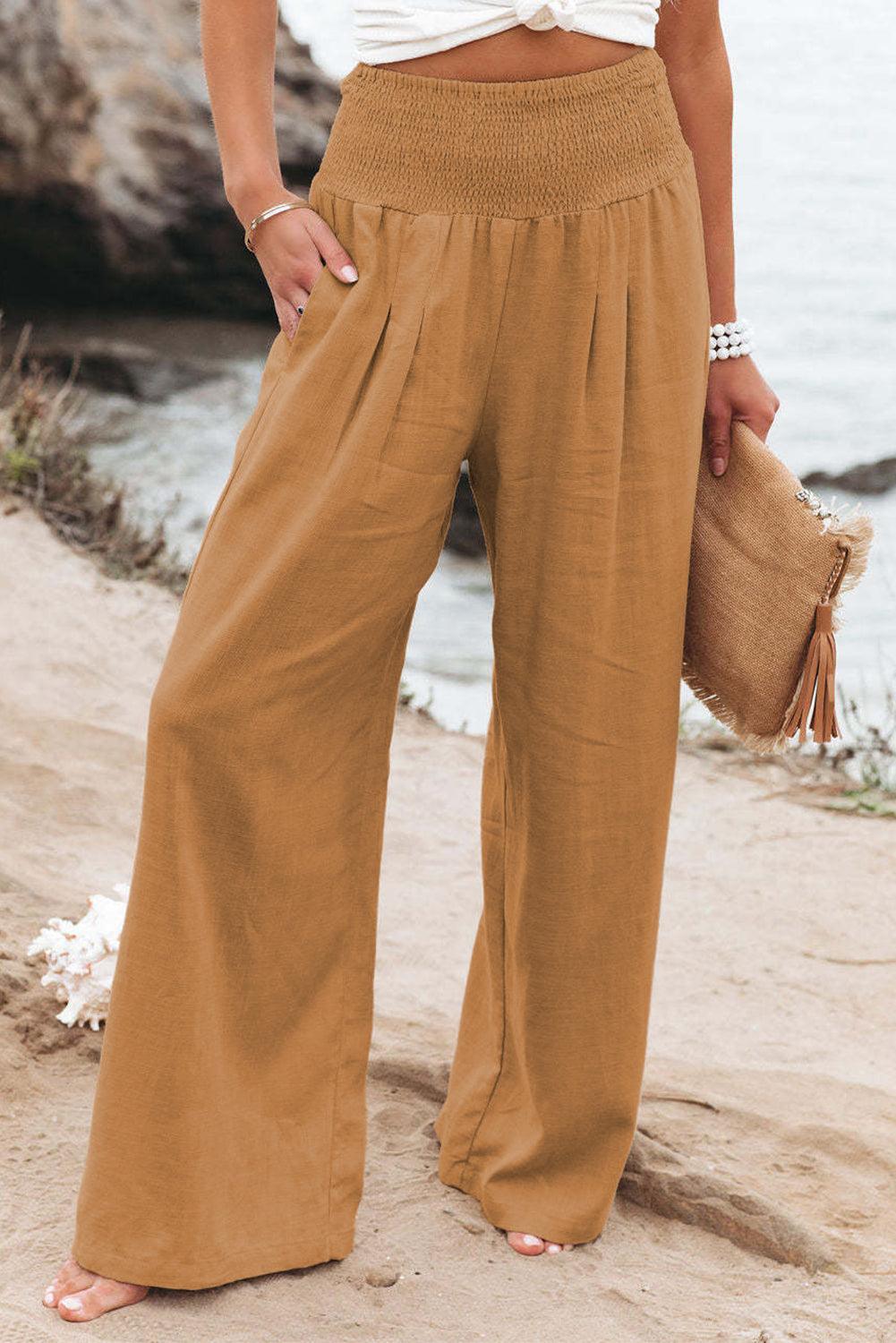 Khaki Smocked Wide Waistband High Waist Wide Leg Pants - L & M Kee, LLC