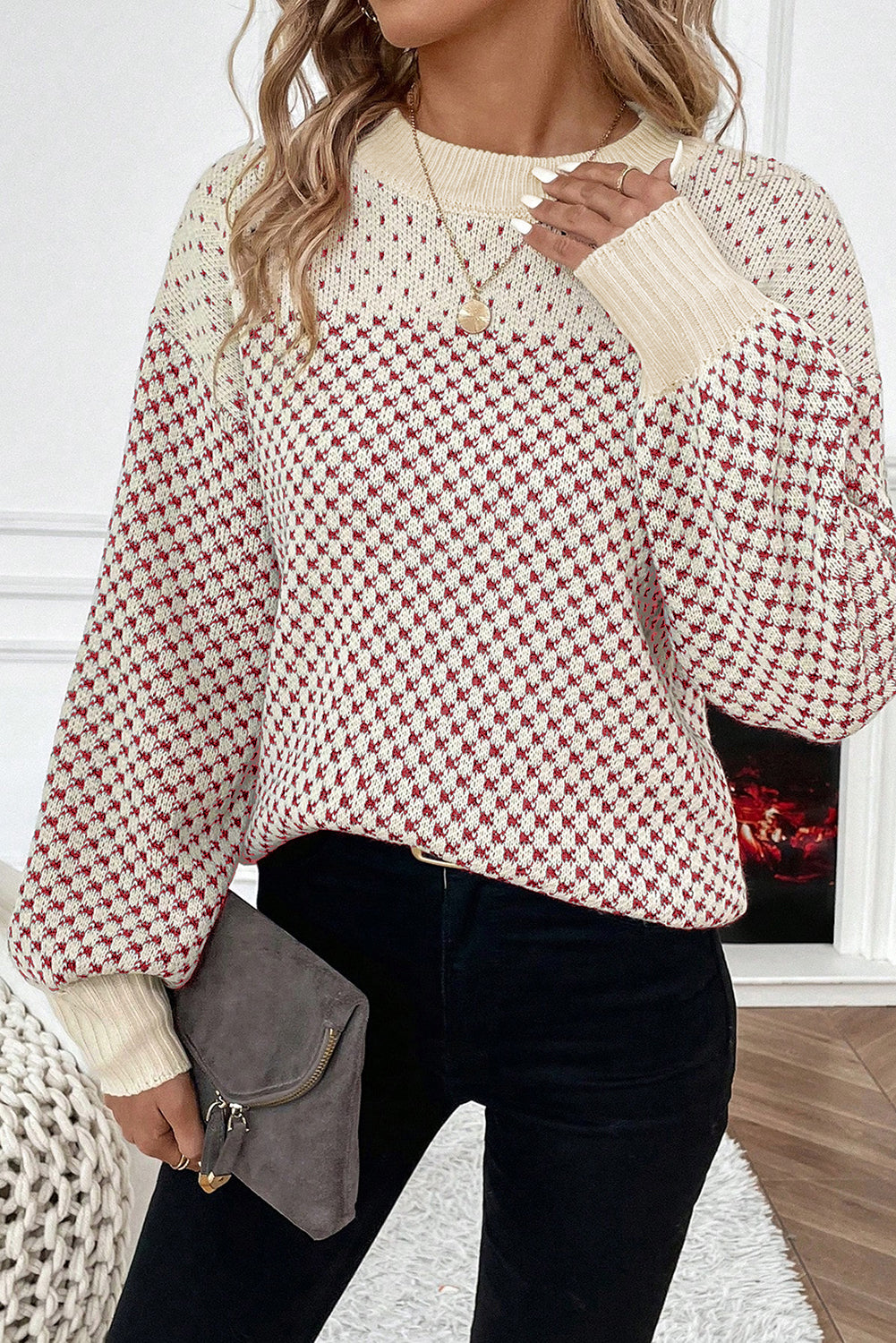 Red Contrast Color Pattern Lantern Sleeve Sweater