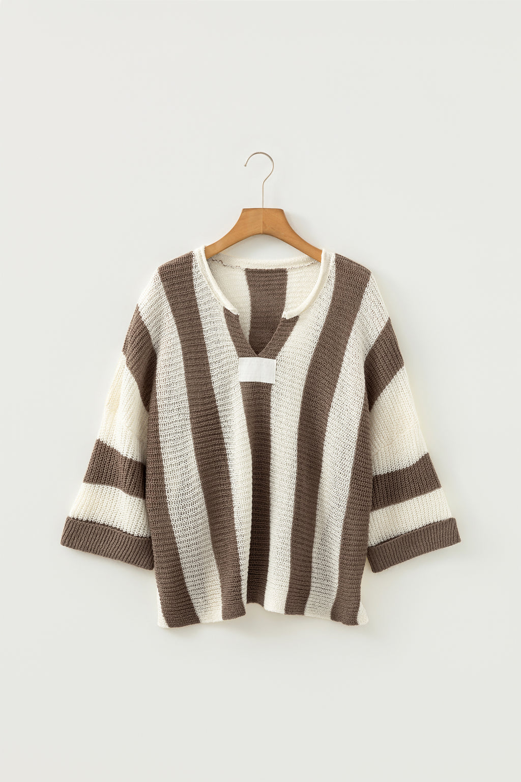 Brown Stripe Colorblock V Neck Bracelet Sleeve Sweater